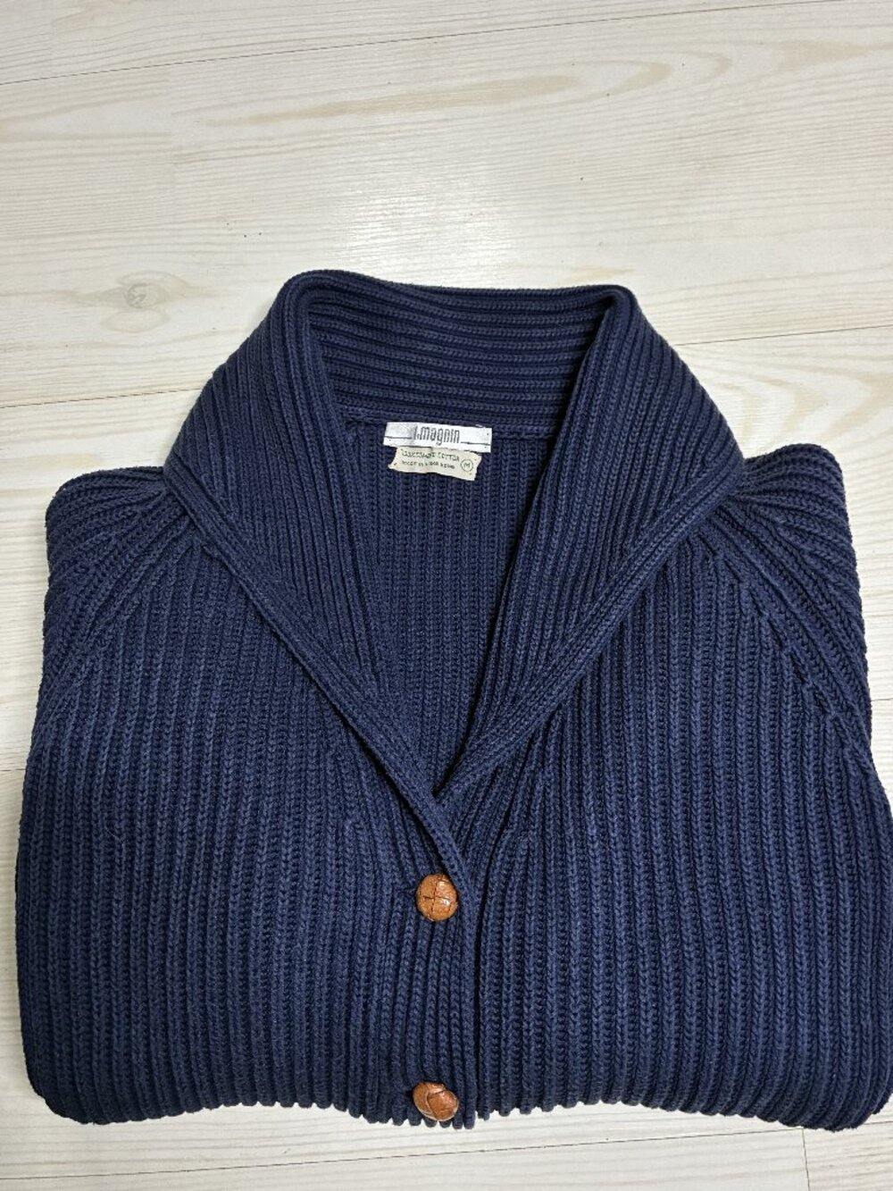 Vintage I. Magnin Navy Blue Chunky Rib Knit Shawl Collar Cardigan Sweater Size-M
